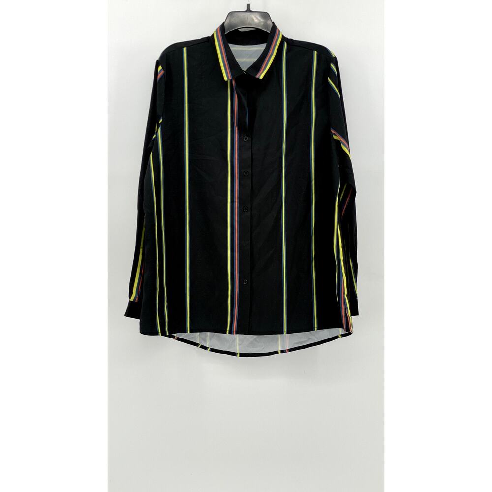 UNBRANDED Men's Black-Green Striped Button-Up Long Sleeve Shirt SZ XL
